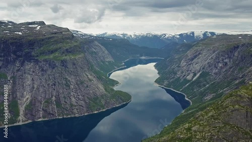 Trolltunga or Troll Tongue aerial view, a rock formation at the Hardangerfjord near Odda town in Hordaland, Norway photo
