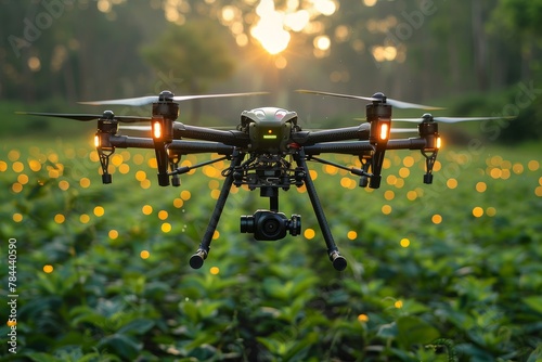 A high-tech drone equipped with a camera hovering above a field during a captivating sunset moment