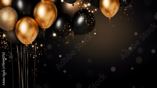 Gold balloons on dark black blurred background with bokeh lights. Celebration festive birthday wedding party banner illustration greeting card.