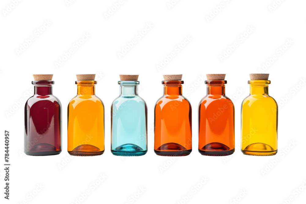 Rainbow Symphony: A Mesmerizing Row of Colorful Glass Bottles. On White or PNG Transparent Background. Rainbow Symphony: A Mesmerizing Row of Colorful Glass Bottles. On White or PNG Transparent Background.