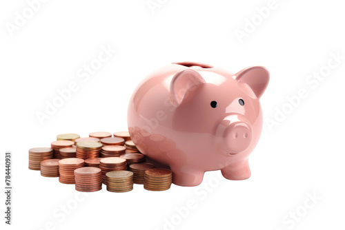 Sparkling Hope: Pink Piggy Bank Atop Glittering Coin Pile. On White or PNG Transparent Background.