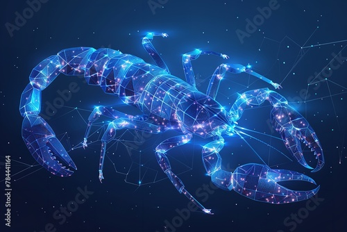 In a dark backdrop an abstract wireframe or polygonal vector of a Scorpions with a big space for text or backdrop, Generative AI.