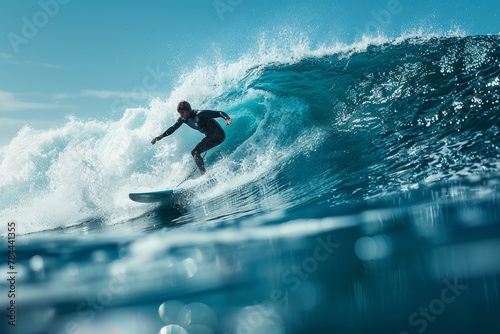 A dynamic scene of a surfer expertly navigating a large blue wave in the ocean © Larisa AI
