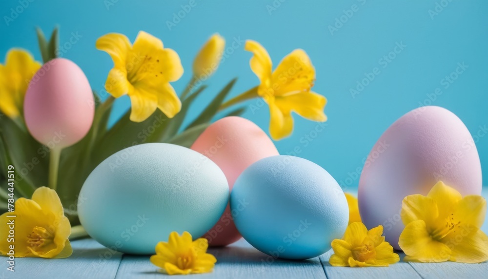 Spring flowers and colourful Easter egg with pastel blue background