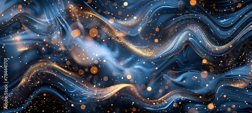 abstract glitter background. blue, gold and black. banner. generative ai