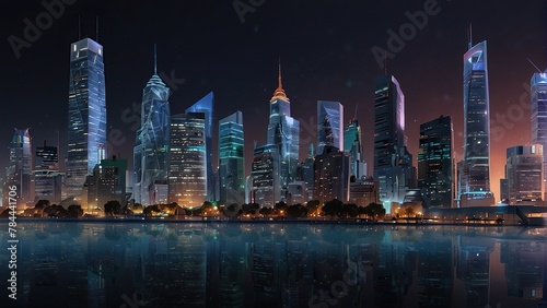 A cityscape filled with radiant buildings under the night sky. photo