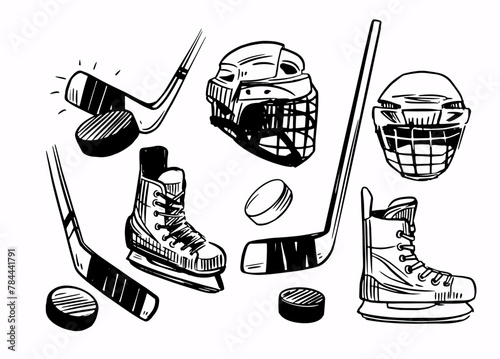 Ice hockey, set vector sketch illustration, skates, puck, helmet, hand drawn, black outline