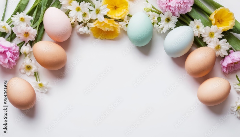 Top view photo of pastel colors easter holiday banner with eggs and sping flowers on white background