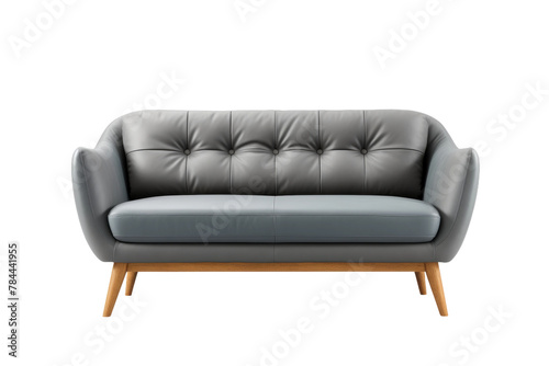 Elegant Gray Leather Couch With Wooden Legs. On White or PNG Transparent Background.