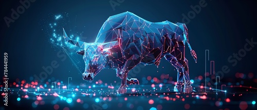 In a dark backdrop an abstract wireframe or polygonal vector of a bull share market concept with space for text or backdrop, Generative AI.