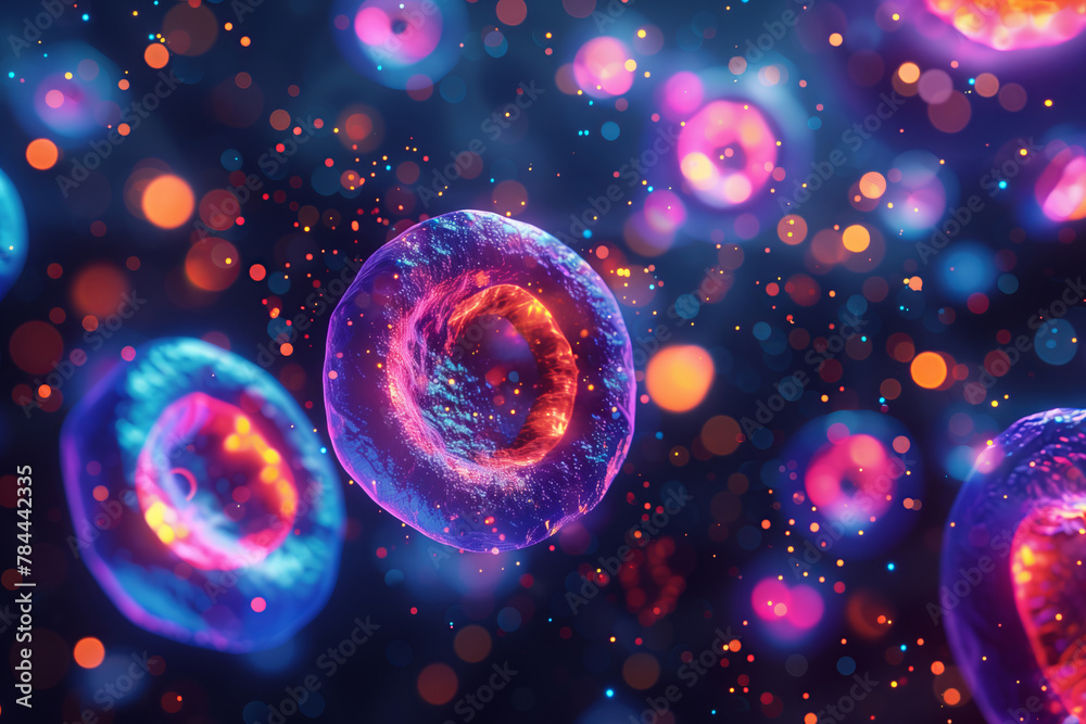 Abstract 3d illustration of human cells. Ultraviolet cell nuclei with neon light. Concept of colorectal cancer cells or DNA damage. Abstract 3d illustration of human cells. Ultraviolet cell nuclei with neon light. Concept of colorectal cancer cells or DNA damage.