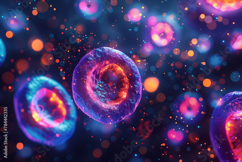 Abstract 3d illustration of human cells. Ultraviolet cell nuclei with neon light. Concept of colorectal cancer cells or DNA damage.