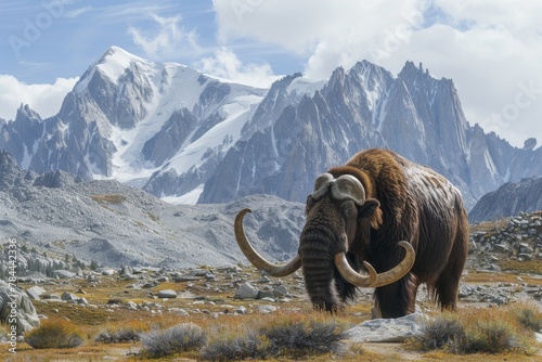 This compelling image features a mammoth calling out within a vast mountain range  embodying a sense of wildness and ancient beauty