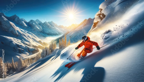 skier in vibrant orange attire carving through pristine powder on a steep mountain slope. photo
