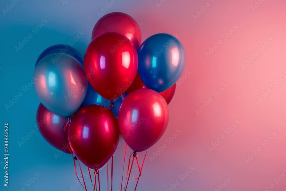 Bunch of metallic balloons in shades of red and blue, set against a gradient background Bunch of metallic balloons in shades of red and blue, set against a gradient background