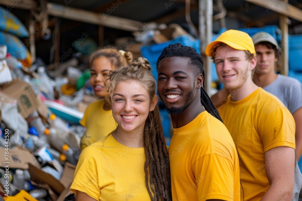 Group of volunteers wearing yellow shirts engaged in a community cleanup effort, with blurred faces for anonymity Group of volunteers wearing yellow shirts engaged in a community cleanup effort, with blurred faces for anonymity
