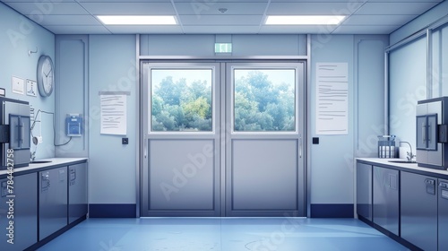 An illustration of laboratory doors with rectangular windows that can be used in a family kitchen, a hospital, a school, or a storage facility for food production. Realistic 3D modern illustration.