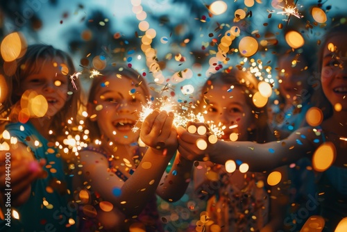 A joyful group of friends celebrating with sparklers and vibrant confetti, faces blurred
