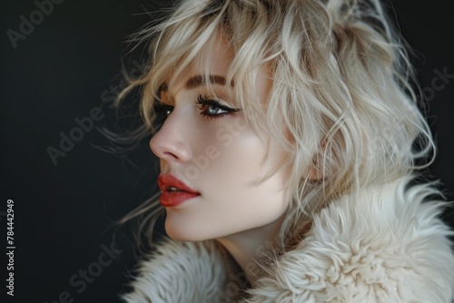 A close-up image of a woman wearing a luxurious fur coat. Suitable for fashion and winter-themed designs