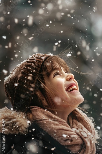 A joyful young girl playing in the snow. Ideal for winter-themed designs