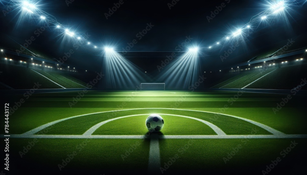 pristine soccer field at night under stadium lights, with a focus on the center line and circle, the perfectly manicured green grass glowing