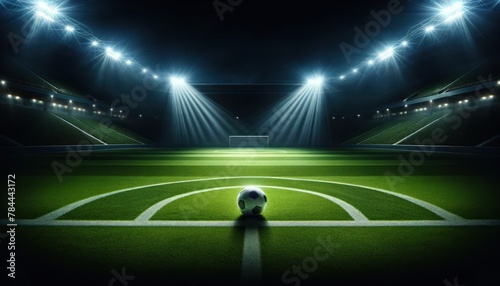 pristine soccer field at night under stadium lights, with a focus on the center line and circle, the perfectly manicured green grass glowing