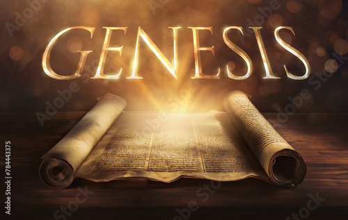 Glowing open scroll parchment revealing the book of the Bible. Book of Genesis. Creation, covenant, patriarchs, origins, family, sin, redemption, promise, faithfulness, blessing