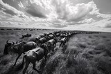 Multiple wildebeest  herd are moving across a field covered in grass