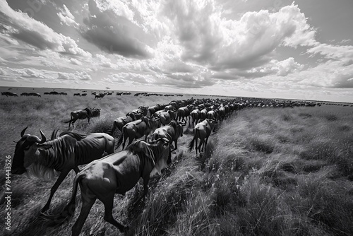 Multiple wildebeest herd are moving across a field covered in grass