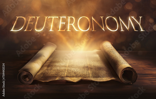 Glowing open scroll parchment revealing the book of the Bible. Book of Deuteronomy. Covenant, law, obedience, blessings, curses, commandments, instruction, remembrance, inheritance, faith