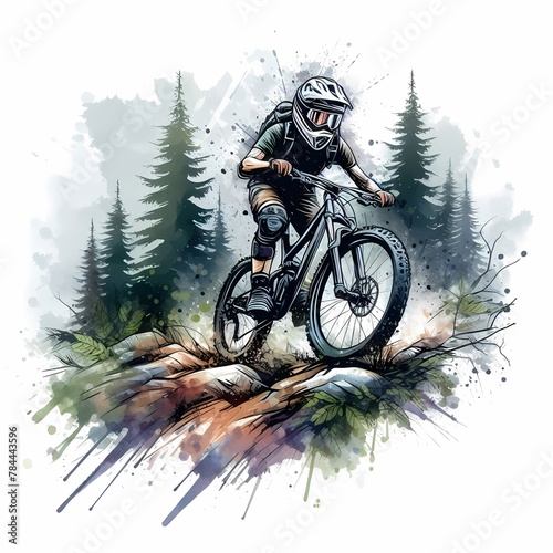 A Mountain Biker on a Rocky Trail Amidst Trees, Captured in Watercolor Style