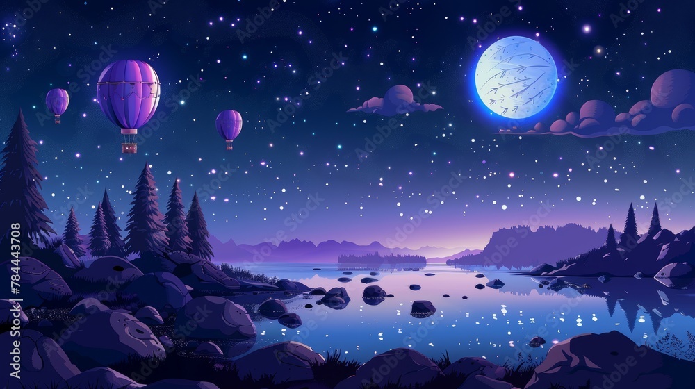 An aerial flight of balloons over a lake with rocks and conifers trees and a starry sky with a full moon. Aerial flight travel, night scenery landscape, cartoon modern illustration, background. An aerial flight of balloons over a lake with rocks and conifers trees and a starry sky with a full moon. Aerial flight travel, night scenery landscape, cartoon modern illustration, background.