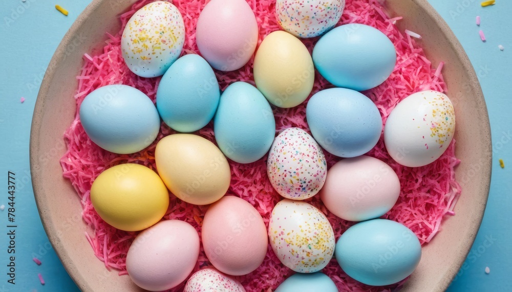 Top view photo of yellow pink blue white Easter eggs and sprinkles on isolated pastel blue background with empty space Top view photo of yellow pink blue white Easter eggs and sprinkles on isolated pastel blue background with empty space