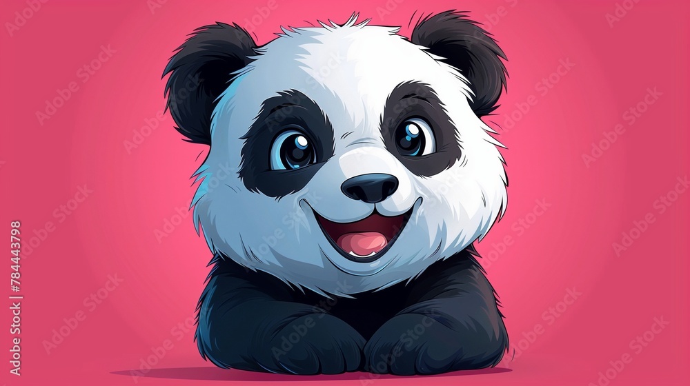 A cute cartoon sticker of a smiling panda, placed on a solid pink background, exuding happiness and cuteness
