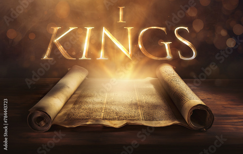 Glowing open scroll parchment revealing the book of the Bible. Book of 1 Kings. First Kings. monarchy, wisdom, temple, elijah, elisha, prophets, kingship, idolatry, testament photo