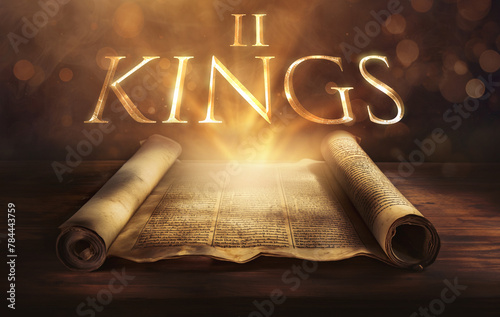 Glowing open scroll parchment revealing the book of the Bible. Book of 2 Kings. Second Kings. History, monarchy, prophets, faithfulness, disobedience, judgment, miracles, exile, succession, divine