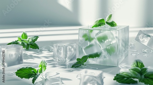 Ice cubes with mint leaves inside Frozen ice cubes podium.