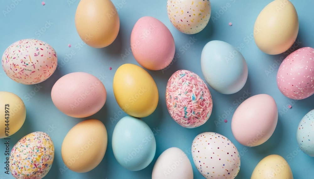 Top view photo of yellow pink blue white Easter eggs and sprinkles on isolated pastel blue background with empty space Top view photo of yellow pink blue white Easter eggs and sprinkles on isolated pastel blue background with empty space