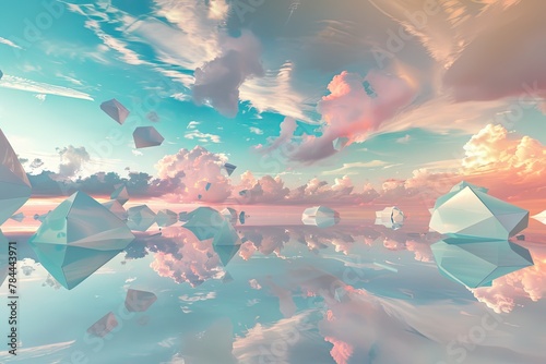 3D abstract landscape of floating geometric shapes in a surreal sky photo