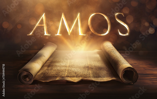 Glowing open scroll parchment revealing the book of the Bible. Book of Amos. Justice, judgment, prophecy, social injustice, righteousness, repentance, warning, visions, punishment, restoration photo