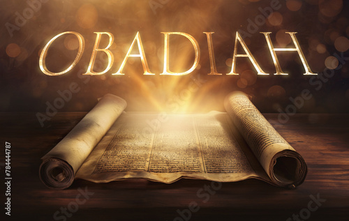 Glowing open scroll parchment revealing the book of the Bible. Book of Obadiah. Edom, judgment, pride, humility, prophecy, justice, retribution, restoration, sovereignty, remnant photo