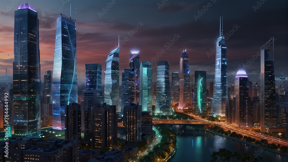 Fototapeta premium Nighttime urban vista filled with luminous high-rise structures and city lights.
