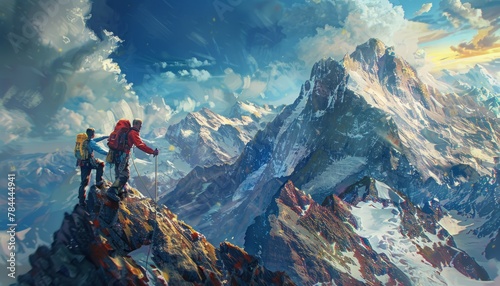 Male climbers on top of a snowy mountain generated AI