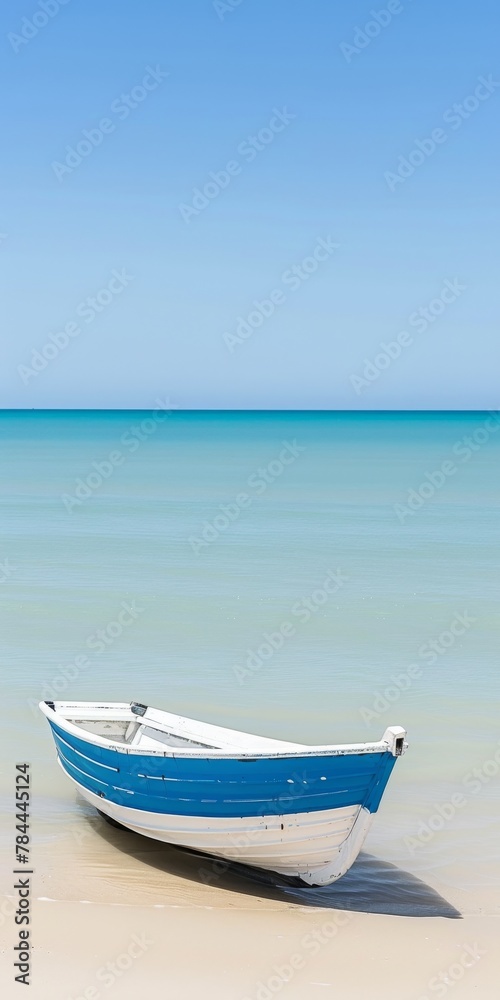 Naklejka premium Serene Surrender: A Lone Boat Finds Solace on the Shore