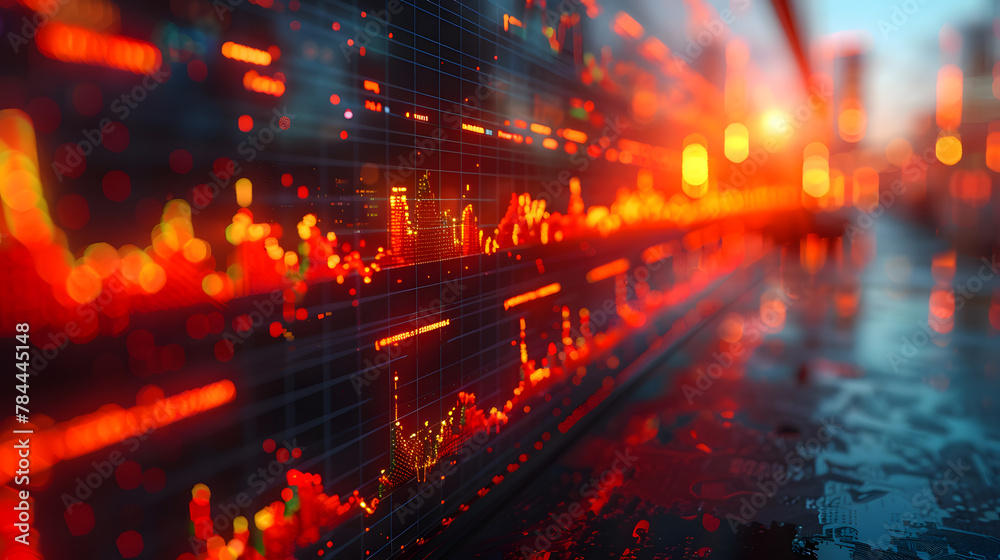 Obraz premium Blurred image of an abstract financial data analysis graph with rising and falling lines on a digital display, conveying complex market activities