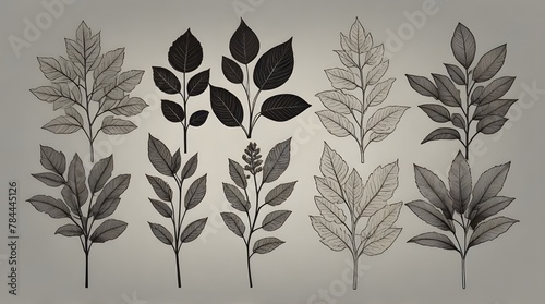 Set monochrome simple leaves botanical branches .Generative AI