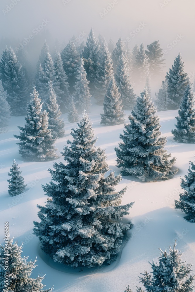 Enchanted Winter Wonderland: Trees Dancing in Snowy Fog