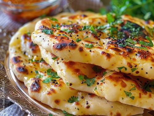 Indulgent Indian Delight  Buttery Garlic Naan Bread  Perfectly Charred with Fragrant Garlic  a Must-Have for Every Meal.