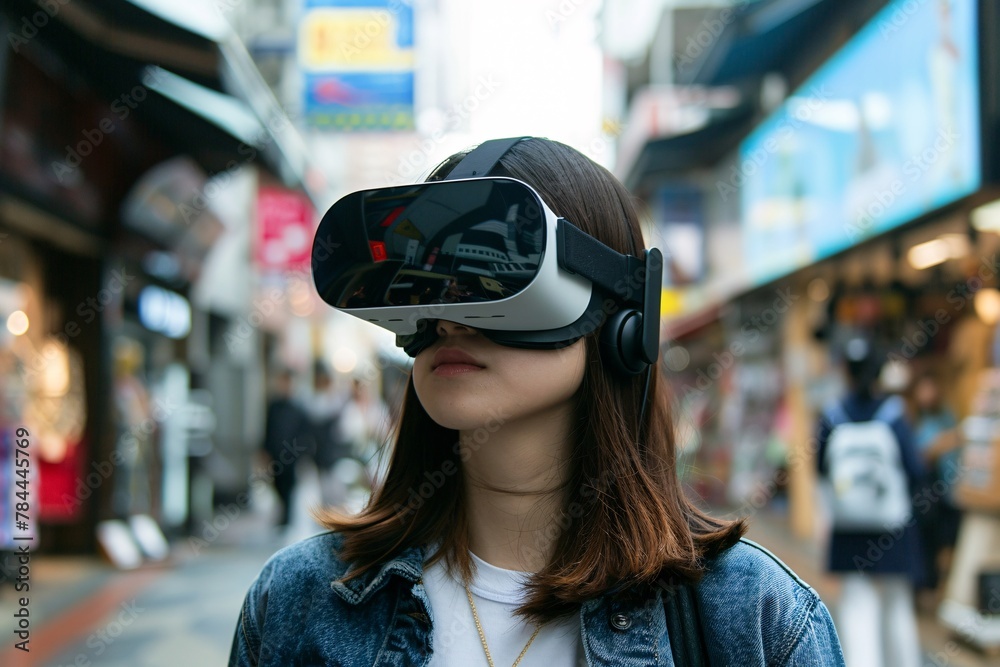 Young woman wearing virtual reality goggles in the city. Virtual reality concept. Young woman wearing virtual reality goggles in the city. Virtual reality concept.