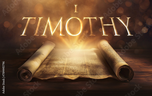 Glowing open scroll parchment revealing the book of the Bible. Book of 1 Timothy. First Timothy. Leadership, instruction, church order, doctrine, godliness, conduct, qualifications, warnings, ministry photo